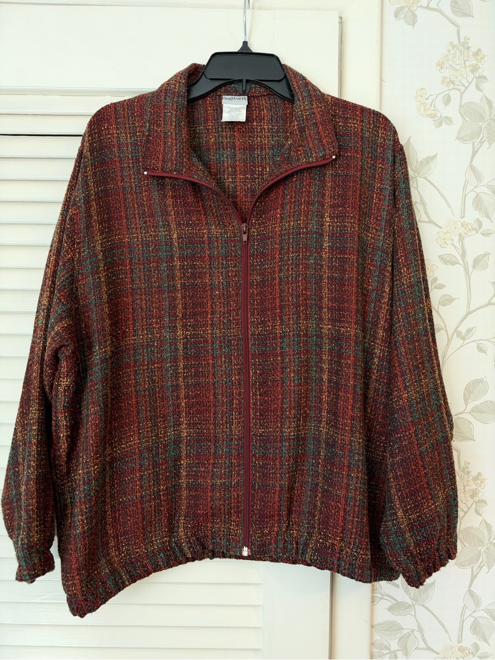 Vintage BonWorth Burgundy Multi Zip-Front Plaid Knit Sweater